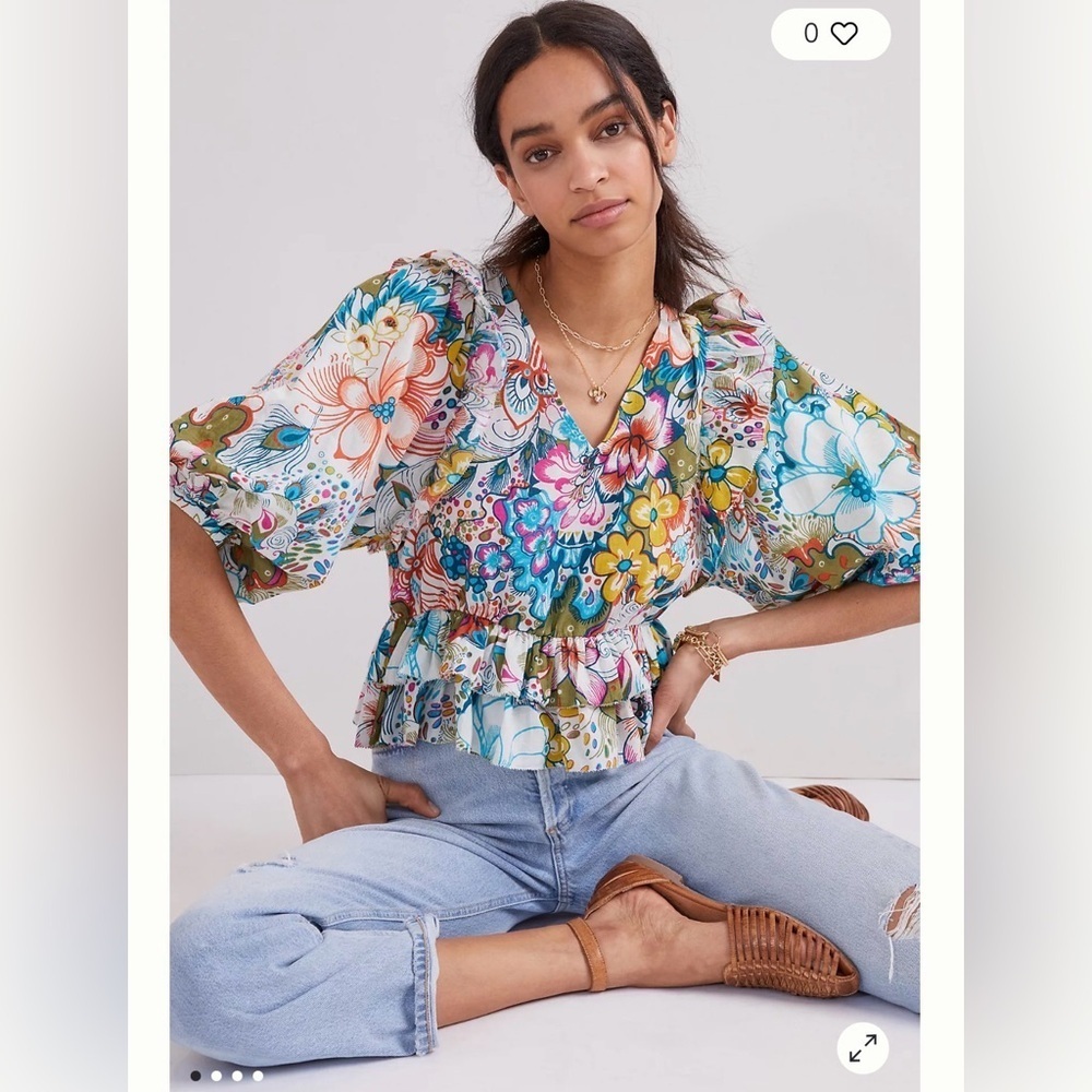 Love The Label | Anthropology| Regan Floral Peplum Blouse, Puff Sleeve, Size M